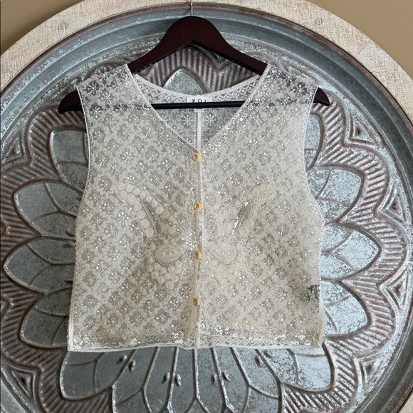 NEW POL Cream and Silver Butterfly Lace Pearled Ruffled Boho Sequin Crop Top - Picture 7 of 7